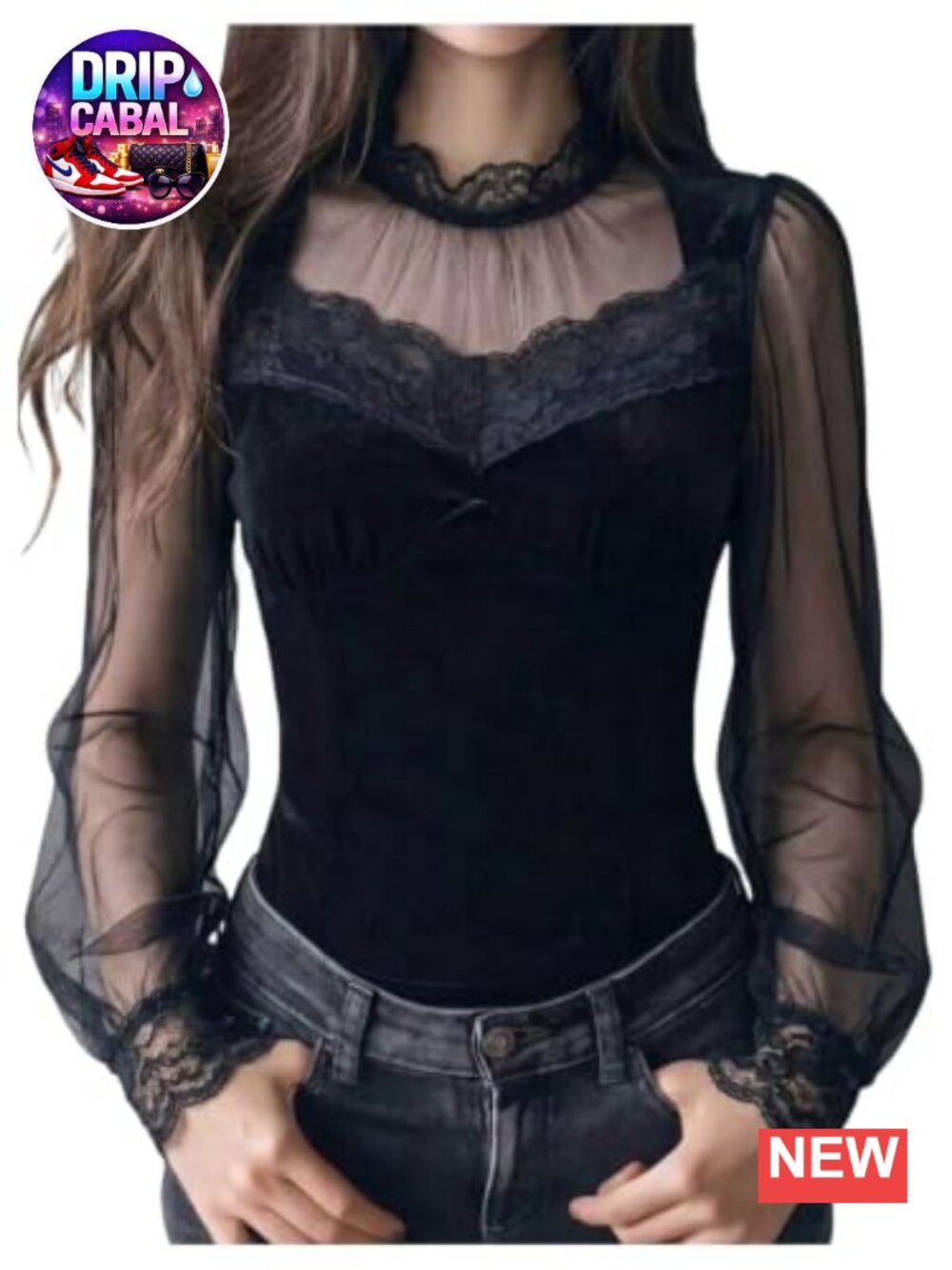 Velvet Corset Blouse Mock Neck Lace Sheer Mesh Lantern Sleeve Top